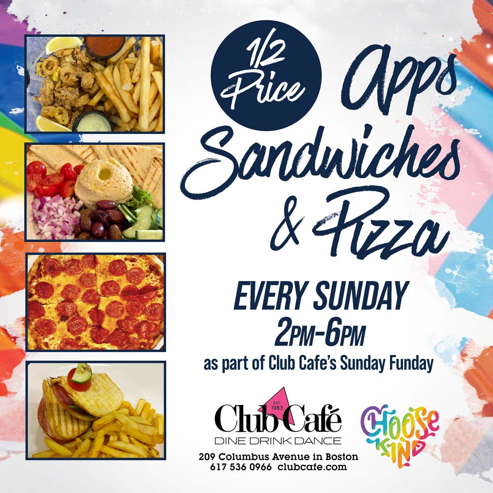 Sunday Club Cafe Boston Half Price appetizer sandwiich and pizza
