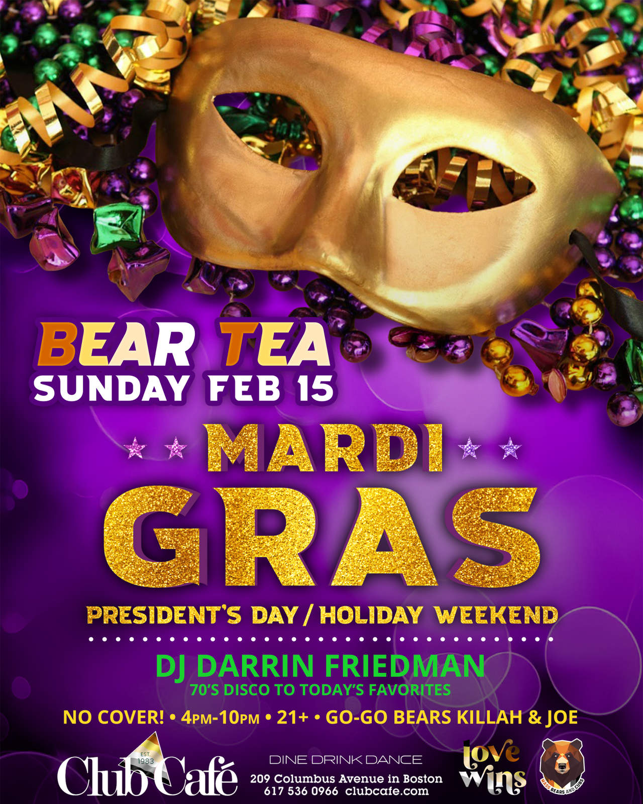 Boston Bear Tea Mardi Gras sunday dance party at Club Cafe