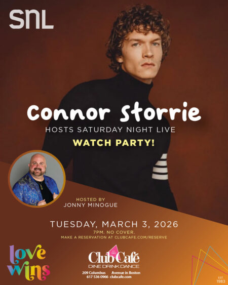 Connor Storrie hosts saturday night live watch party at Club Cafe Boston