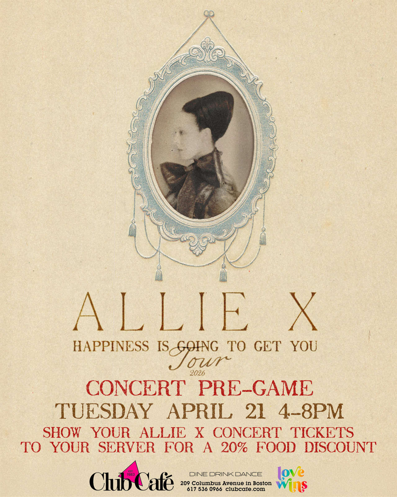 ALLIE X CONCERT PRE-PARTY. Show your ALLIE X CONCERT tickets to your server for a 20% discount on your food.