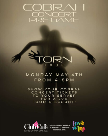 COBRAH CONCERT PRE-PARTY. Show your COBRAH CONCERT tickets to your server for a 20% discount on your food.