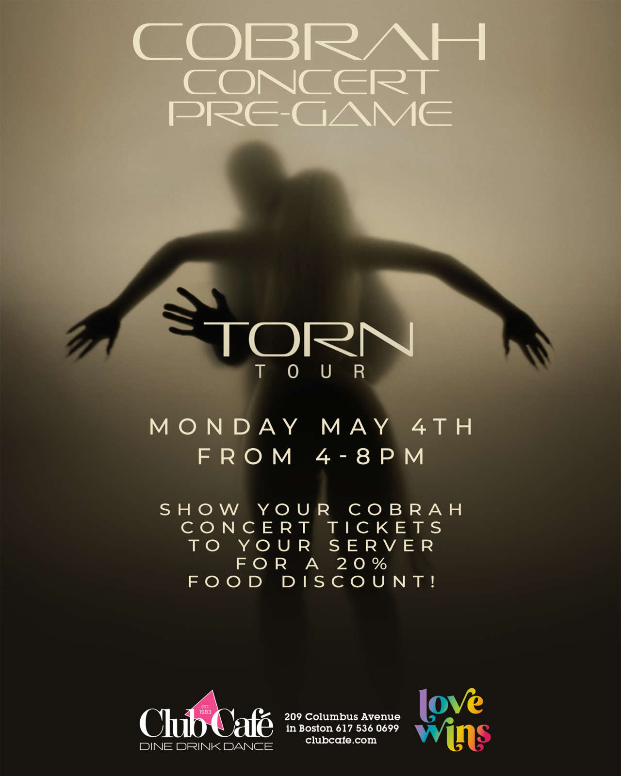 COBRAH CONCERT PRE-PARTY. Show your COBRAH CONCERT tickets to your server for a 20% discount on your food.