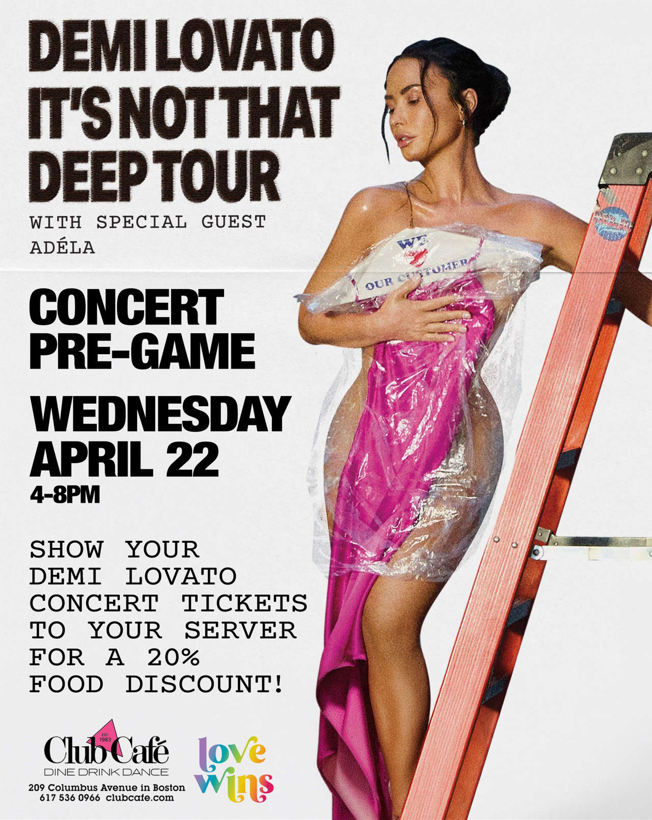 DEMI LOVATO CONCERT PRE-PARTY. Show your DEMI LOVATO CONCERT tickets to your server for a 20% discount on your food.