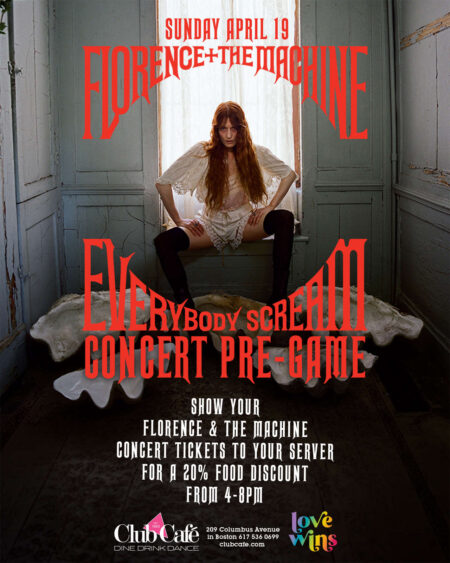FLORENCE & THE MACHINE CONCERT PRE-PARTY. Show your FLORENCE & THE MACHINE concert tickets to your server for a 20% discount on your food.