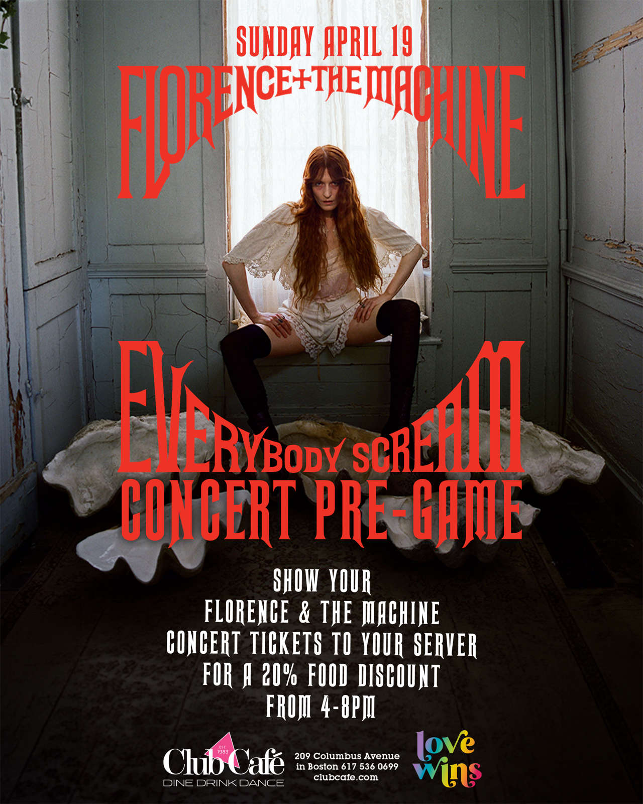 FLORENCE & THE MACHINE CONCERT PRE-PARTY. Show your FLORENCE & THE MACHINE concert tickets to your server for a 20% discount on your food.