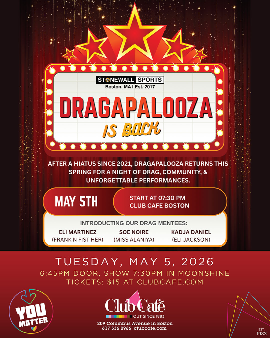 Dragapalooza is a community-driven drag showcase presented by Stonewall Sports Boston, a nonprofit LGBTQ+ sports and social organization.