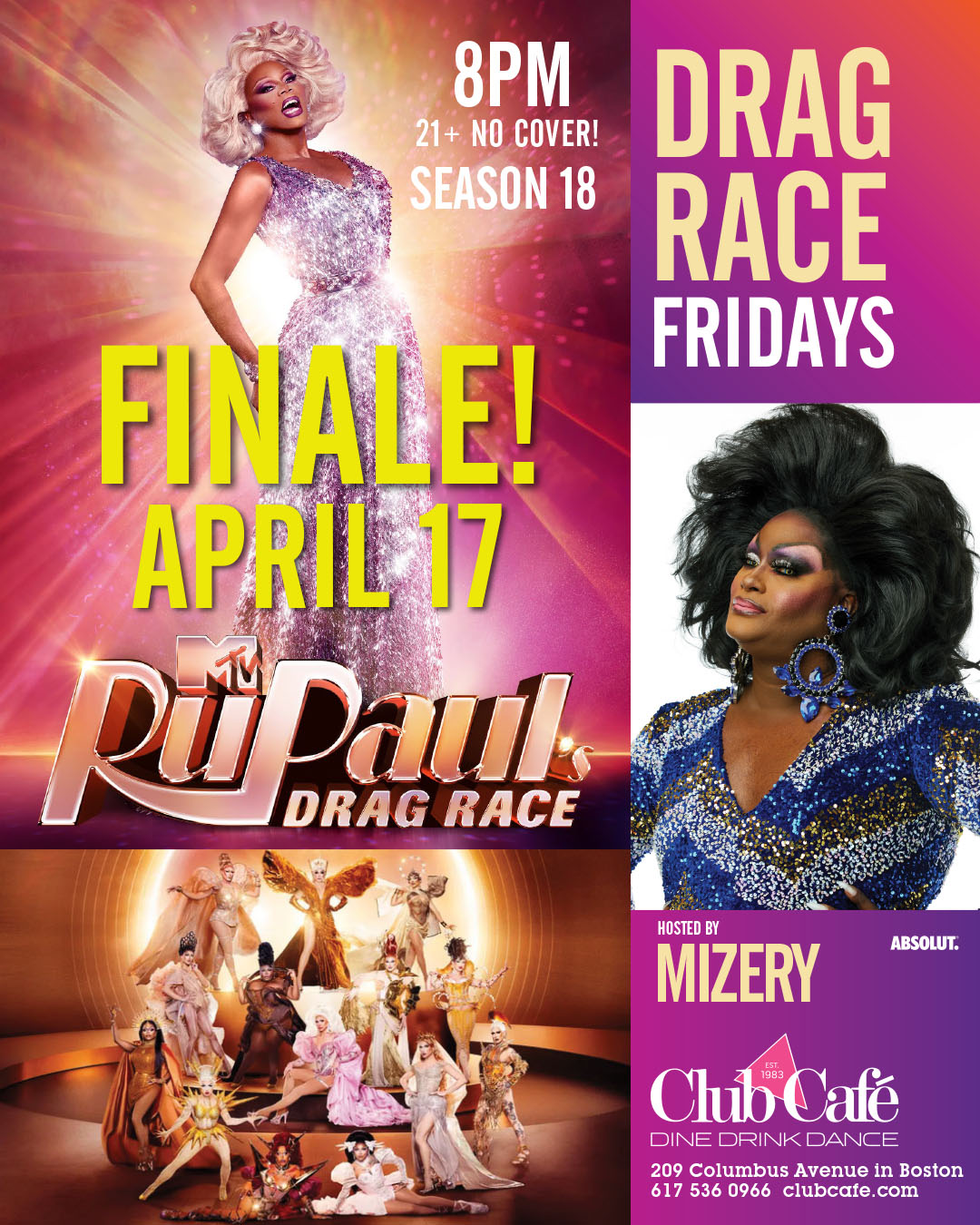 Rupaul Drag Race Best Watch Party in Boston at Club Cafe with Mizery