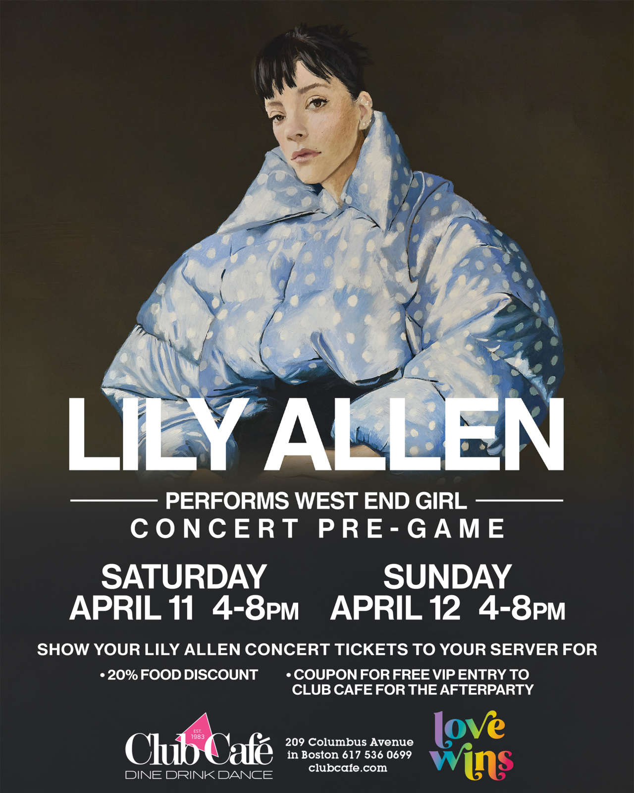 Lily Allen Concert Pre party at club cafe boston 20% discount on food and free vip admission after party
