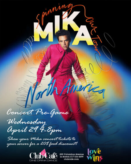 MIKA CONCERT PRE-PARTY. Show your MIKA CONCERT tickets to your server for a 20% discount on your food.