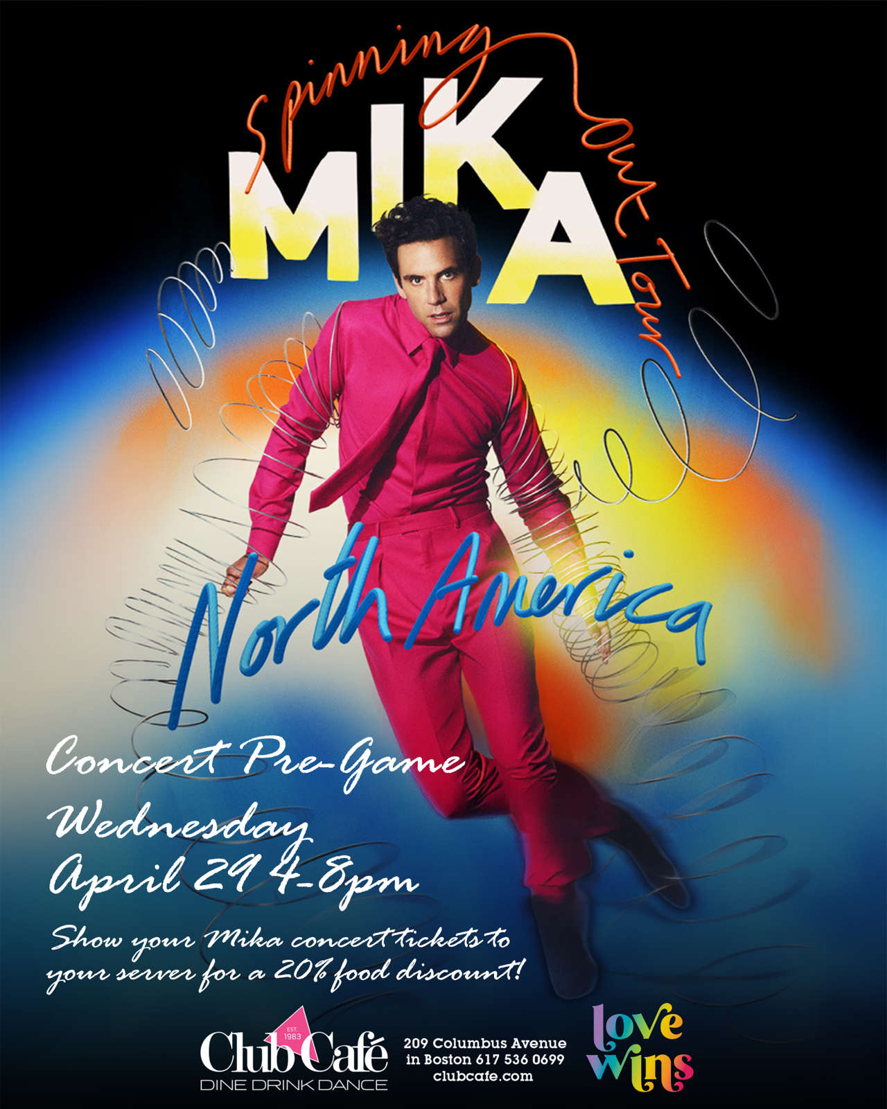 MIKA CONCERT PRE-PARTY. Show your MIKA CONCERT tickets to your server for a 20% discount on your food.