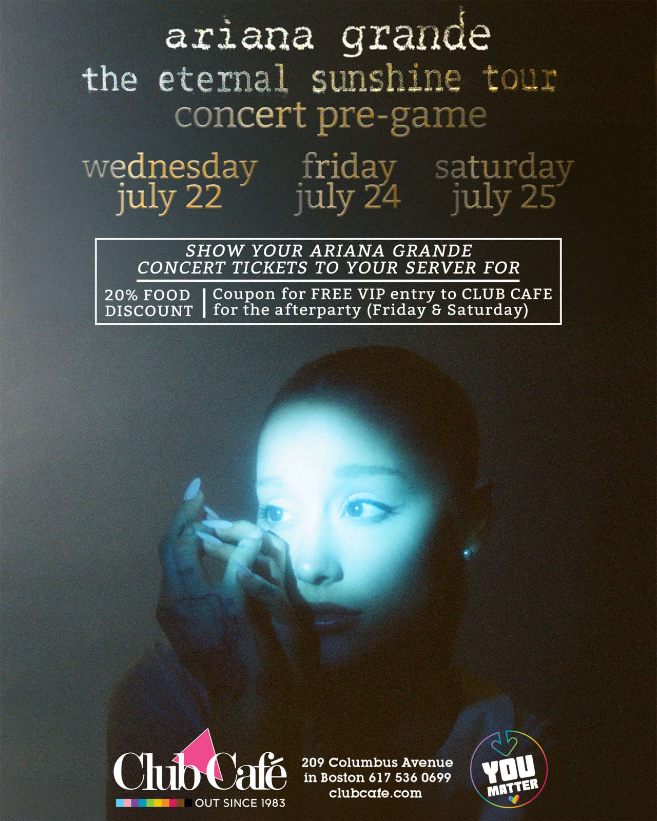 Join the ultimate Ariana Grande Pre-Party at Club Cafe! Enjoy 20% off food with your concert ticket and get free VIP entry to dance at the weekend afterparty.