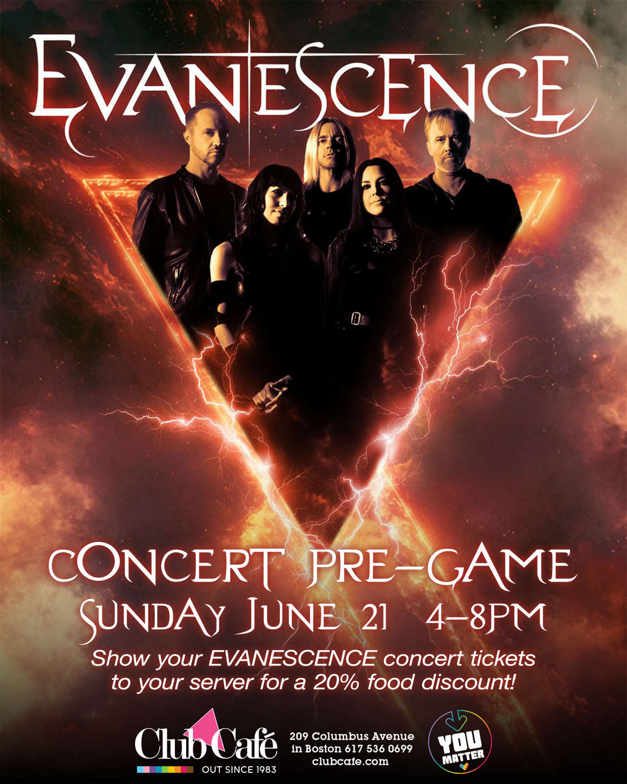 Wake up your soul before the big show! Join fellow rock fans at Club Café on June 21 from 4:00 PM to 8:00 PM for the ultimate Evanescence pre-party dinner and drinks. Skip the arena crowds and fuel up on a great meal while enjoying themed cocktails and non-stop music.