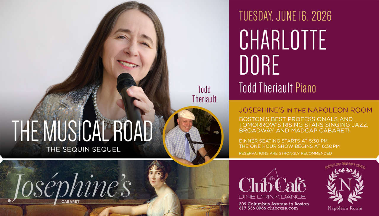 Charlotte Dore in the Napoleon Room at Club Cafe Boston Cabaret Piano bar dinner supper club