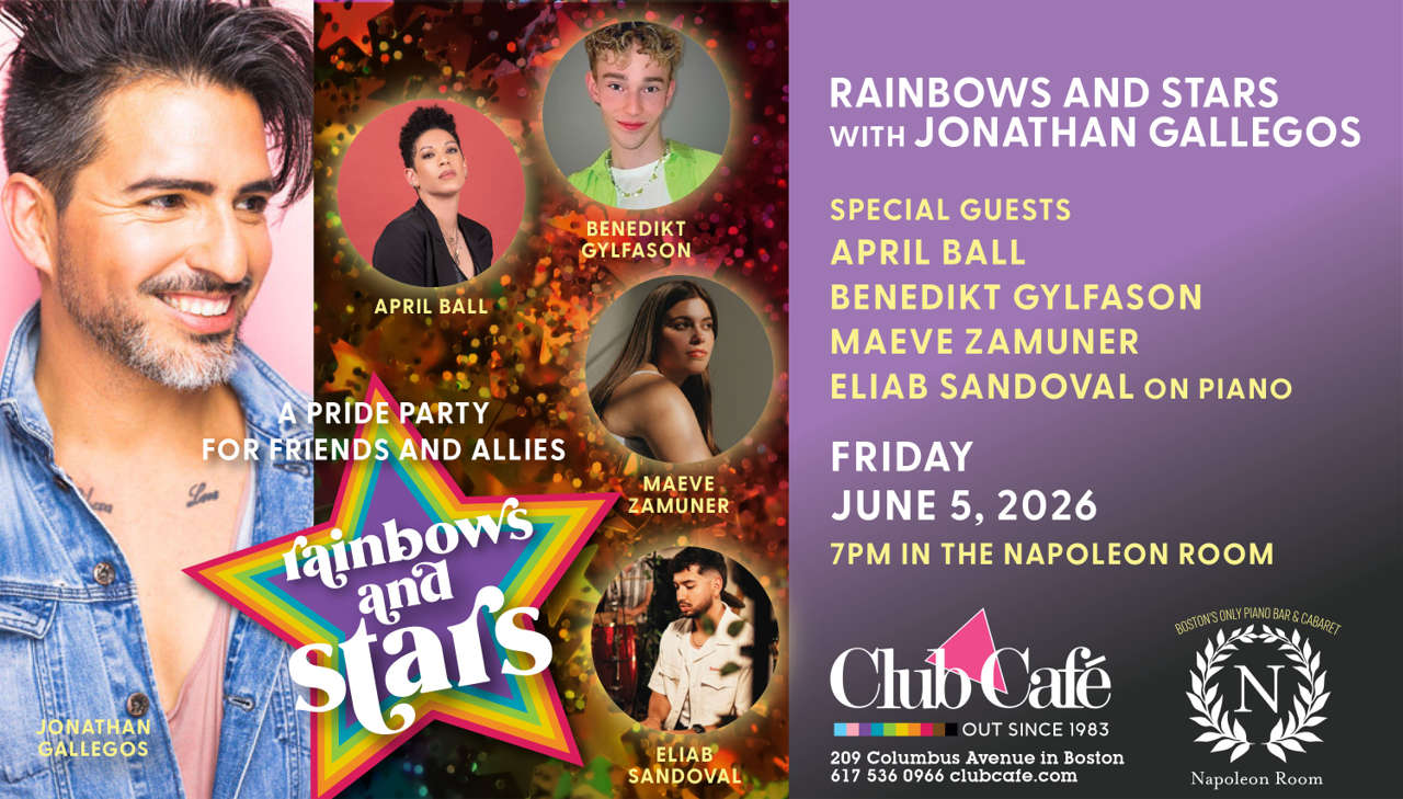 rainbows and starts Pride parties at Club Cafe Boston with Jonathan Gallegos and guests