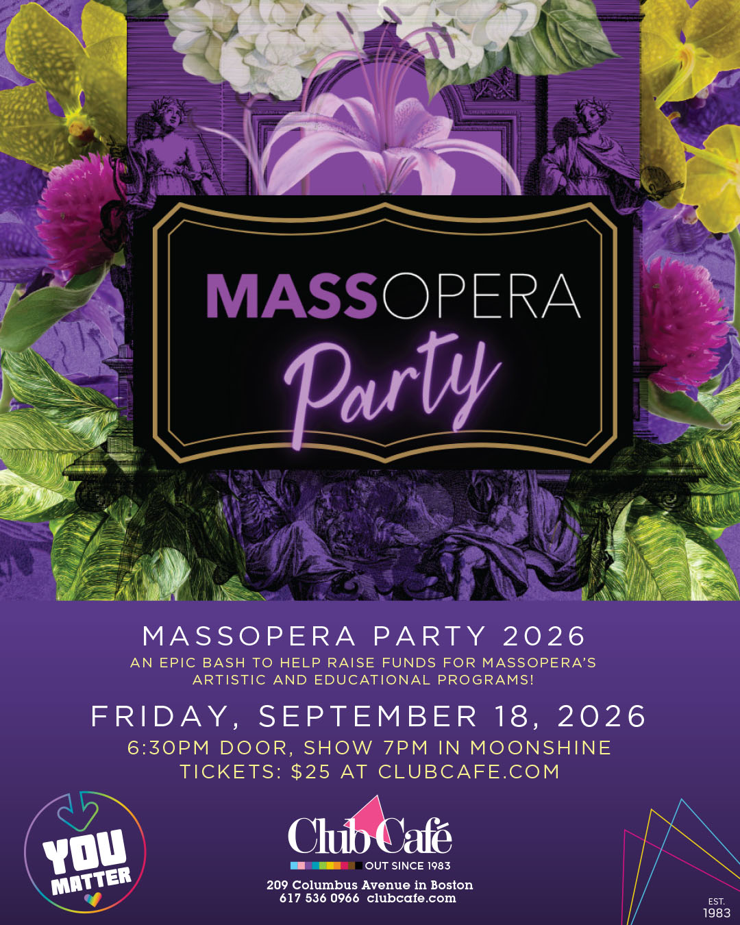 The MassOpera Party is back at Club Café’s Moonshine Room for an epic bash to help raise funds for MassOpera’s artistic and educational programs