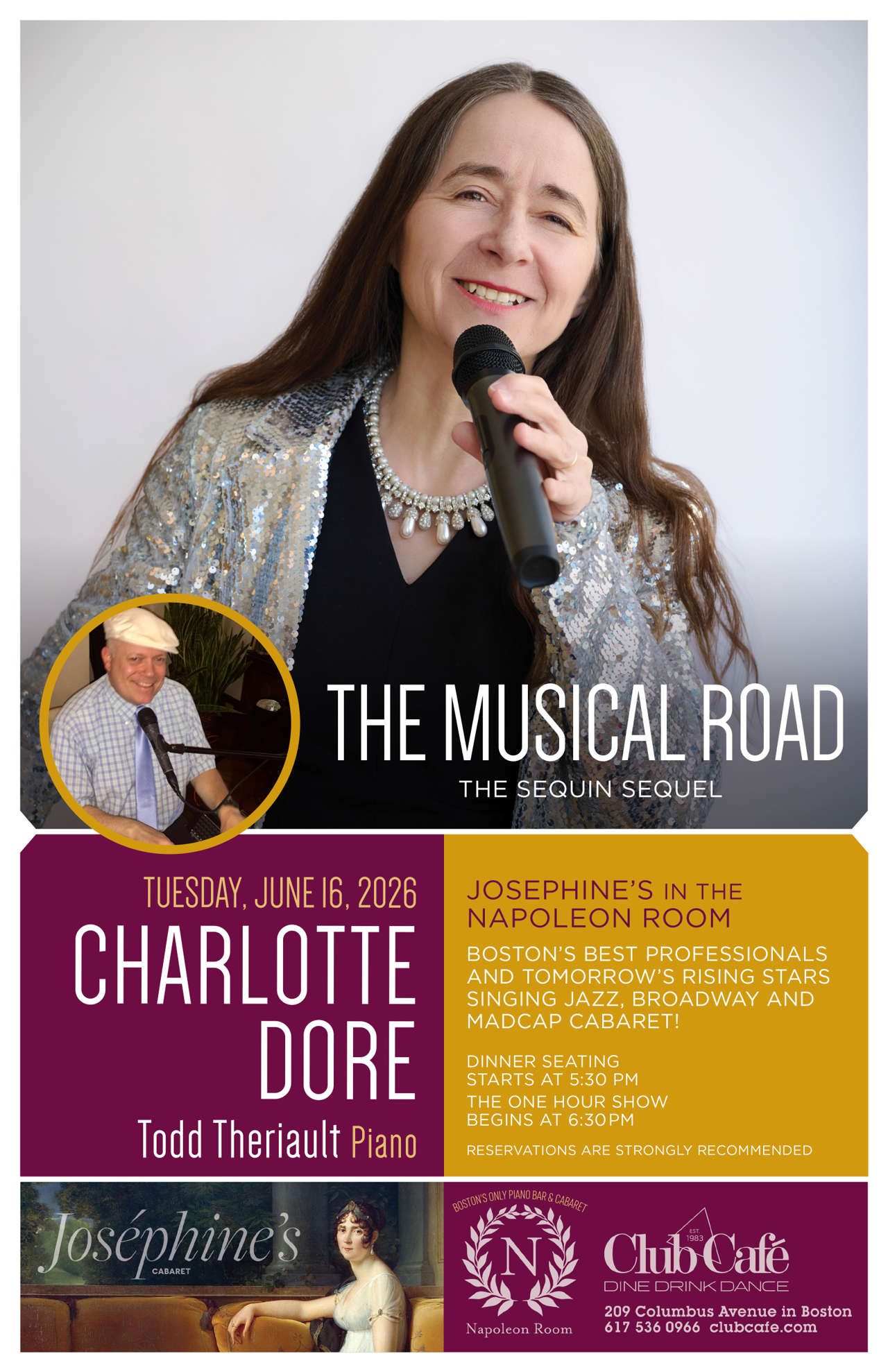 Charlotte Dore in the Napoleon Room at Club Cafe Boston Cabaret Piano bar dinner supper club