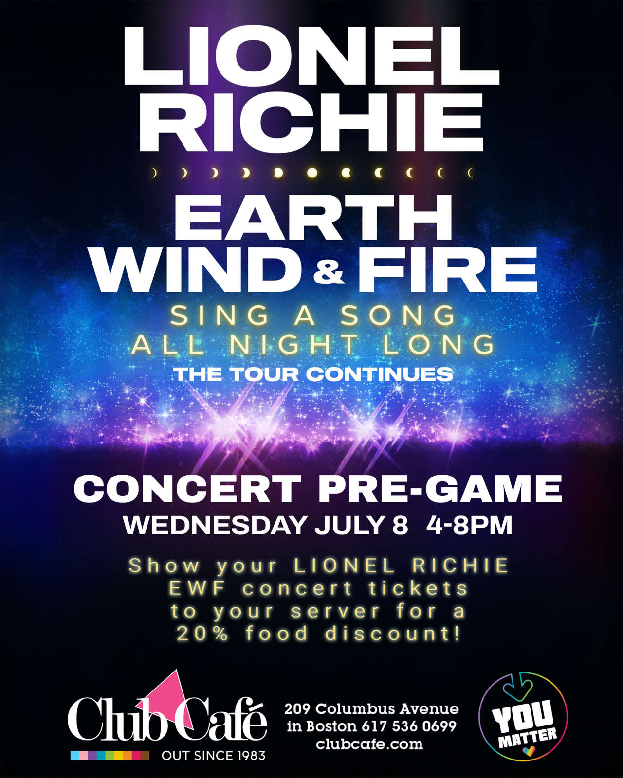 Fuel up before "Sing A Song All Night Long" at our Lionel Richie & Earth, Wind & Fire Concert Pre-party! Join us near TD Garden on July 8, 2026. Show your concert tickets to your server to unlock a 20% discount on food. Tables fill up fast—book your Reservation today!.
