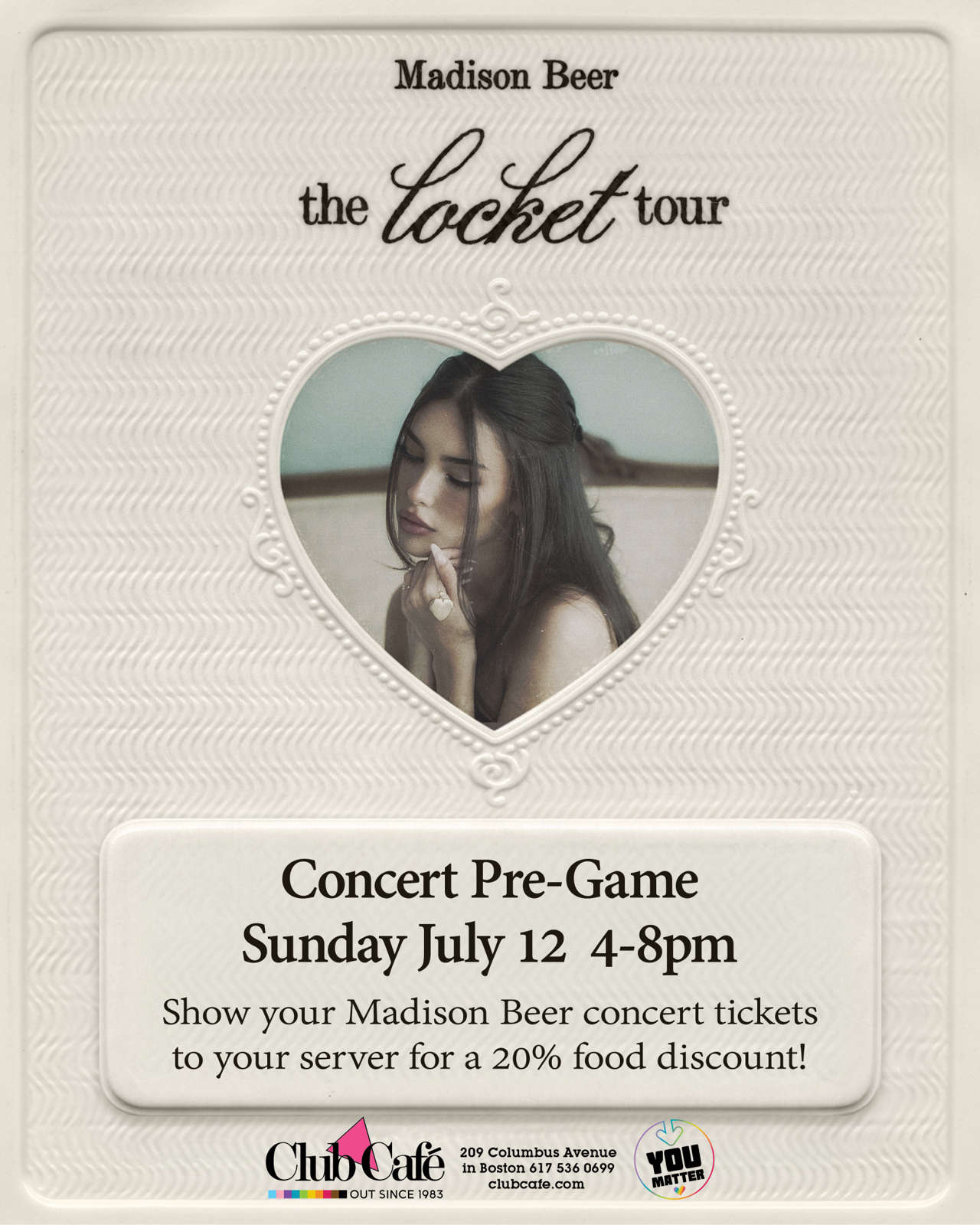 Heading to MADISON BEER on July 12? Start your night at Club Cafe! Flash your MADISON BEER concert tickets to your server and score 20% off your food bill. Fuel up with great eats and perfect vibes before the music starts. See you there! Spots fill up fast for concert nights, so secure your table ahead of time by visiting Club Cafe Reservations.