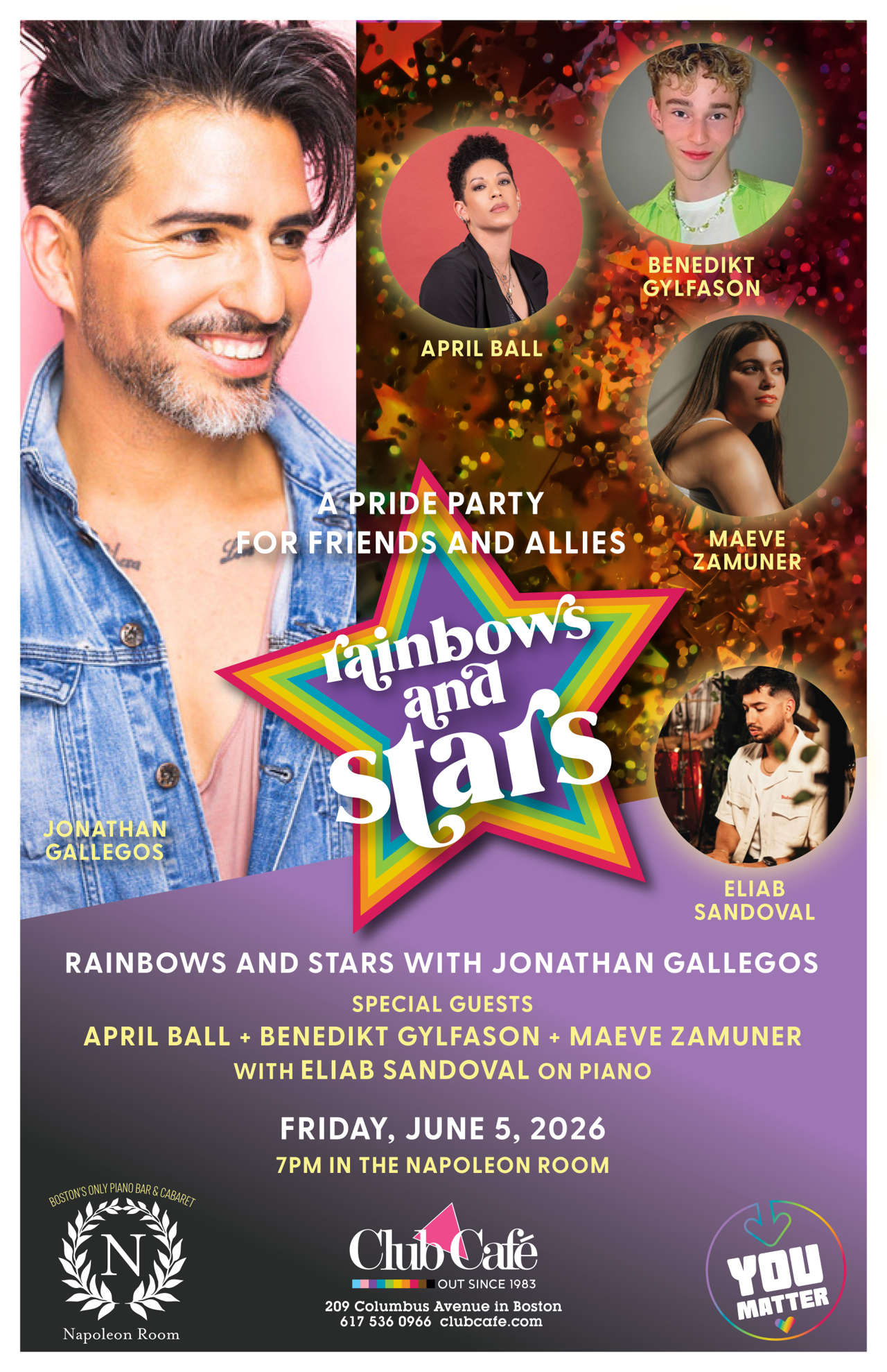 rainbows and starts Pride parties at Club Cafe Boston with Jonathan Gallegos and guests