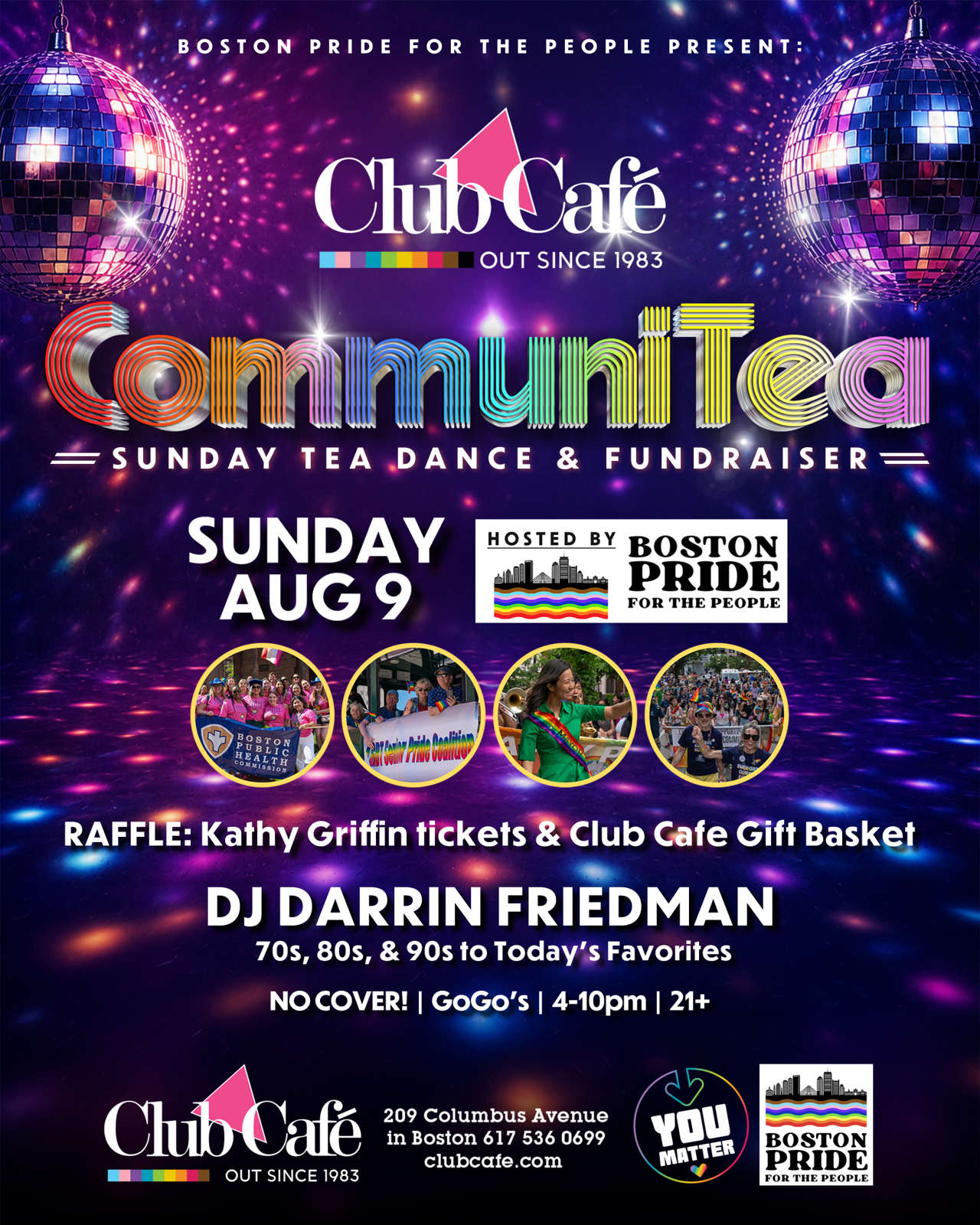 DANCE, CONNECT, and GIVE BACK! Boston Pride for the People invites you to a vibrant Sunday Tea Dance and fundraiser featuring legendary beats by DJ Darrin Friedman