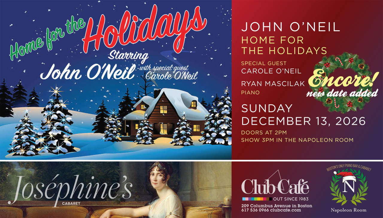 Join John O'Neil as he takes you on a sleighride of songs and memories of the holiday season from Thanksgiving to Christmas. John will be joined onstage by his sister Carole and pianist Ryan Mascilak at Club Cafe boston